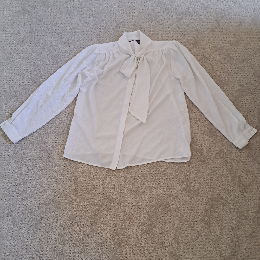 Vintage Mervyn's White Blouse with Bow Tie and Shoulder Pads